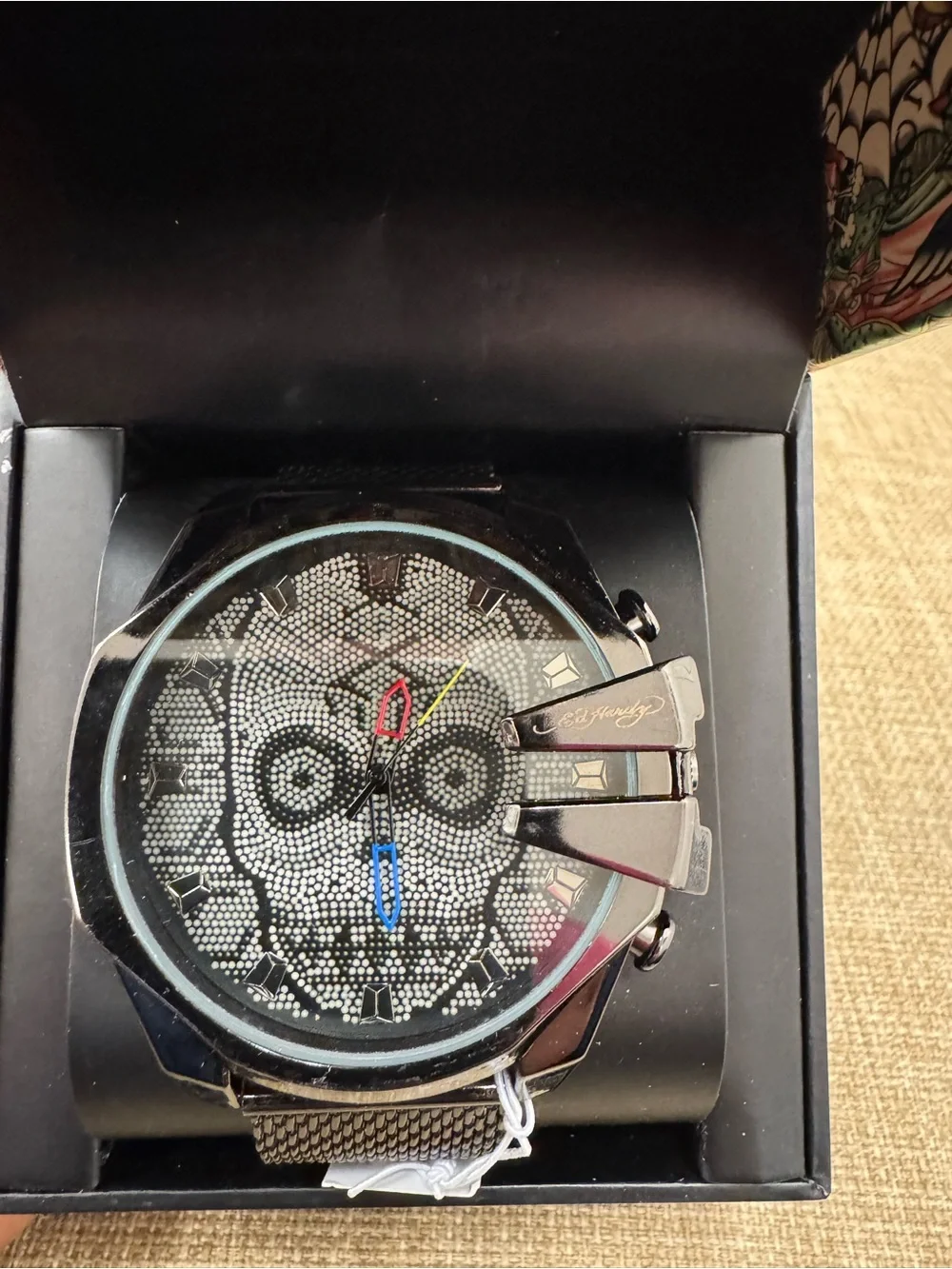 Ed Hardy Men’s Quartz Skull Dial Watch Black Mesh Band 46mm 30m Box……Retails $95